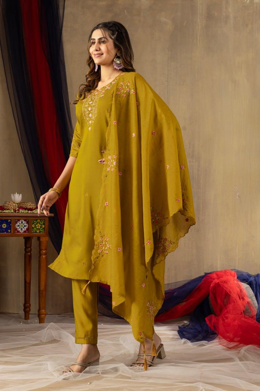 Embroidered Straight Kurti Pant Dupatta Set 
