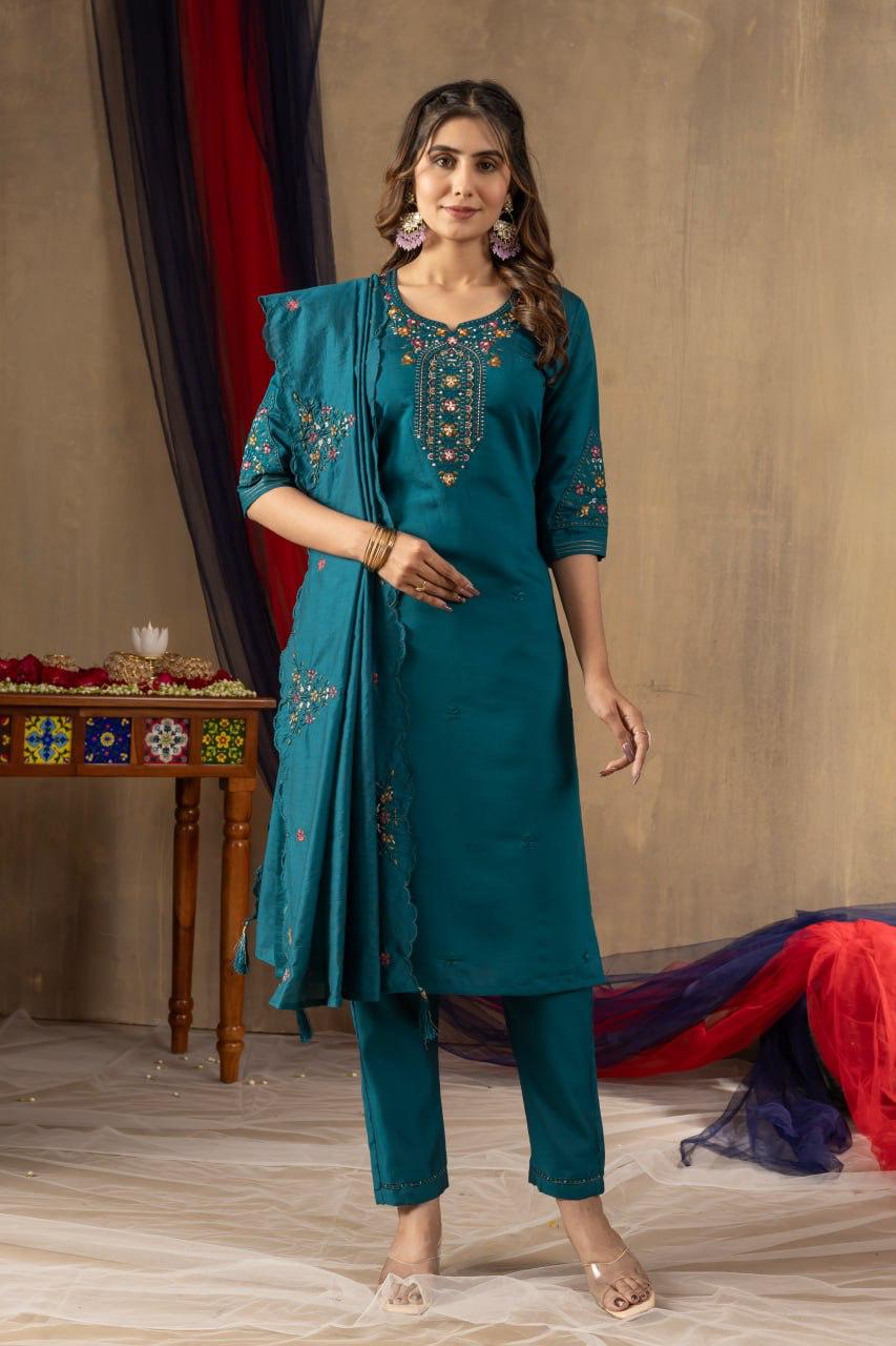 Embroidered Straight Kurti Pant Dupatta Set for women, girls