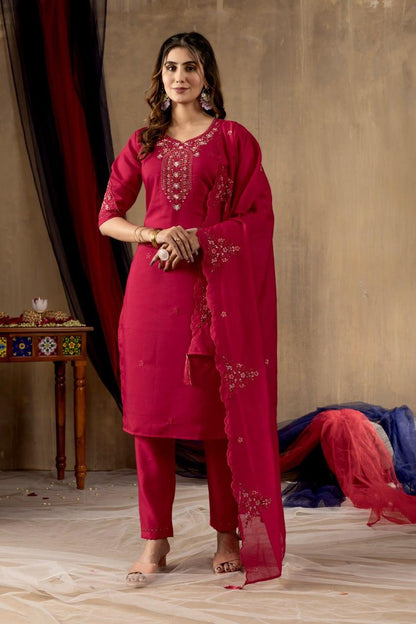 Embroidered Straight Kurti Pant Dupatta Set for women, girls