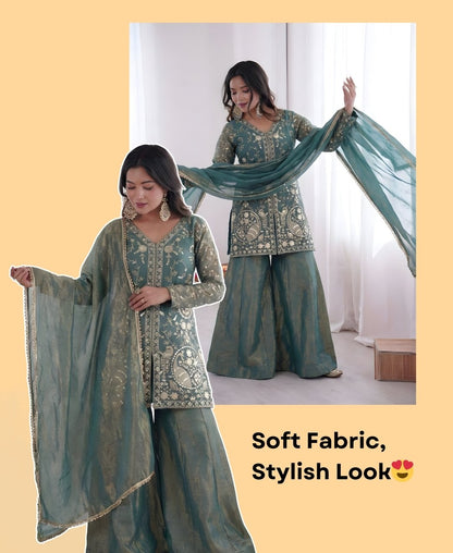 Embroidered Top Plazzo & Dupatta Set