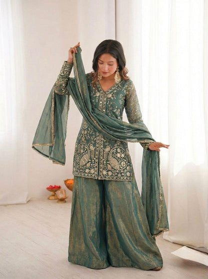 Embroidered Top Plazzo & Dupatta Set