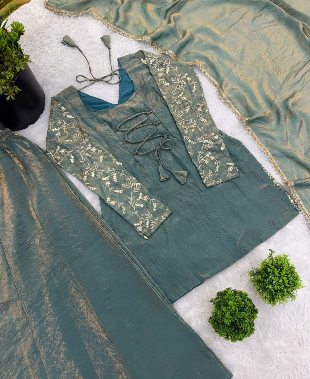 Embroidered Top Plazzo & Dupatta Set
