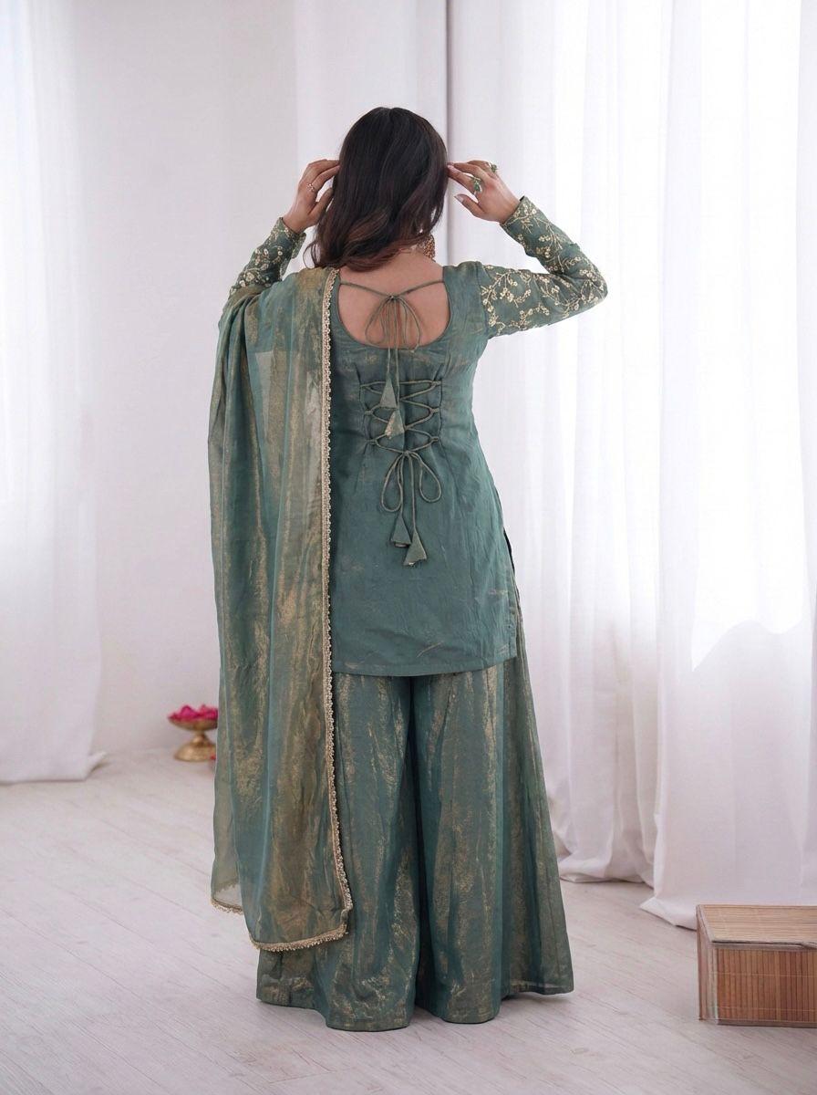 Embroidered Top Plazzo & Dupatta Set