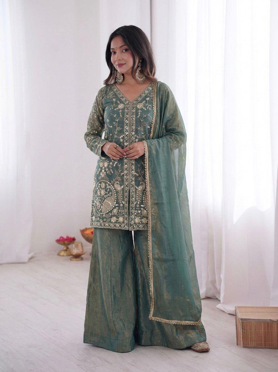 Embroidered Top Plazzo & Dupatta Set