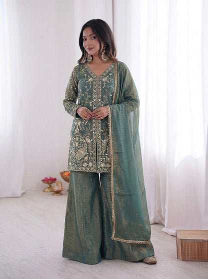 Embroidered Top Plazzo & Dupatta Set