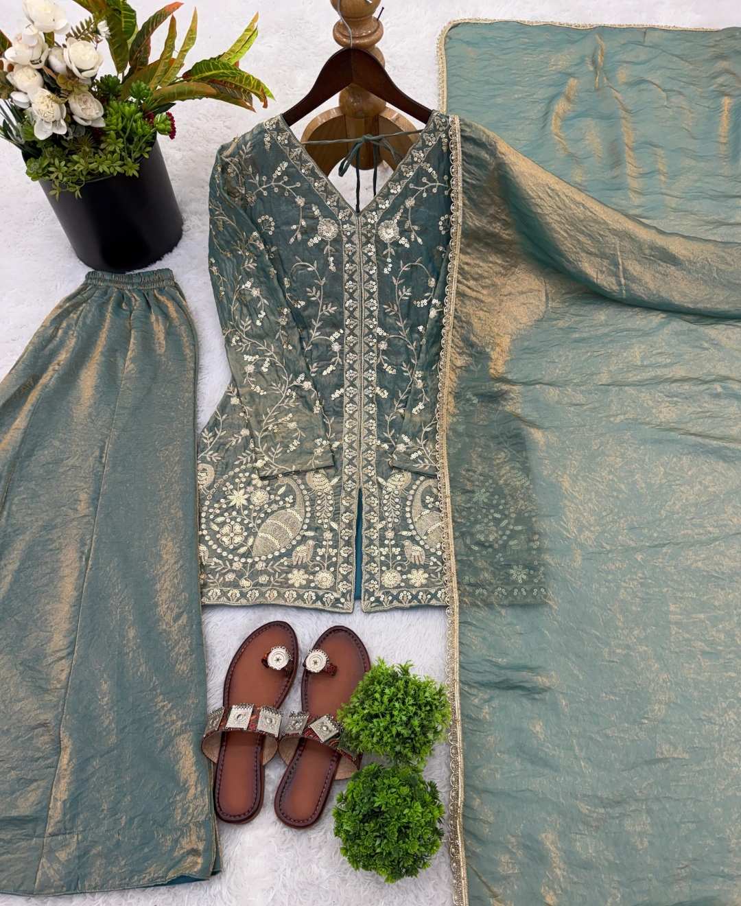 Embroidered Top Plazzo & Dupatta Set