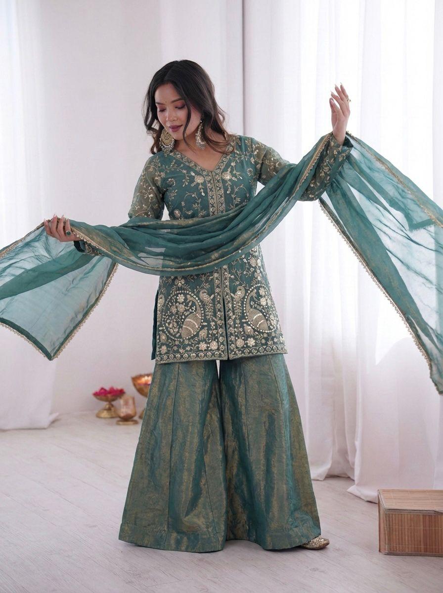 Embroidered Top Plazzo & Dupatta Set