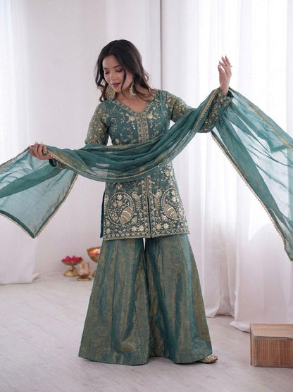 Embroidered Top Plazzo & Dupatta Set