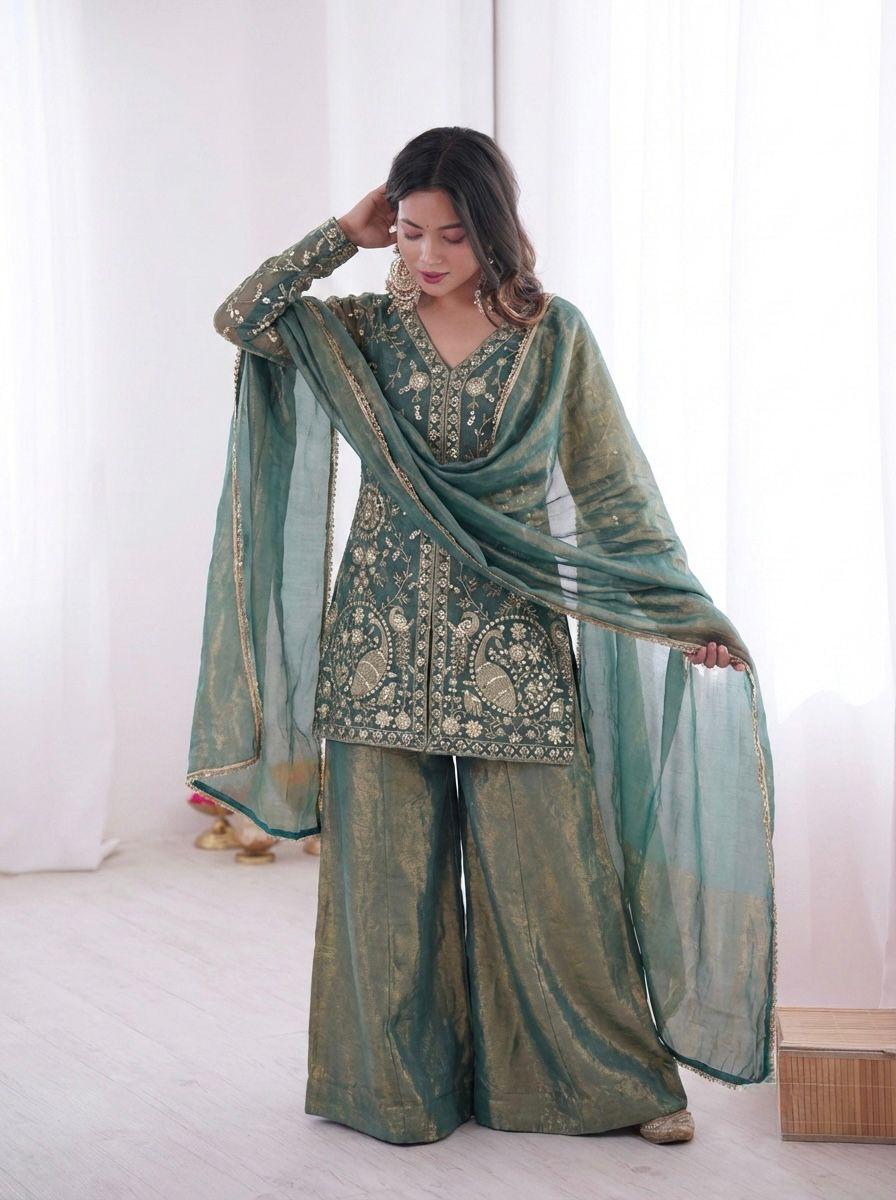Embroidered Top Plazzo & Dupatta Set