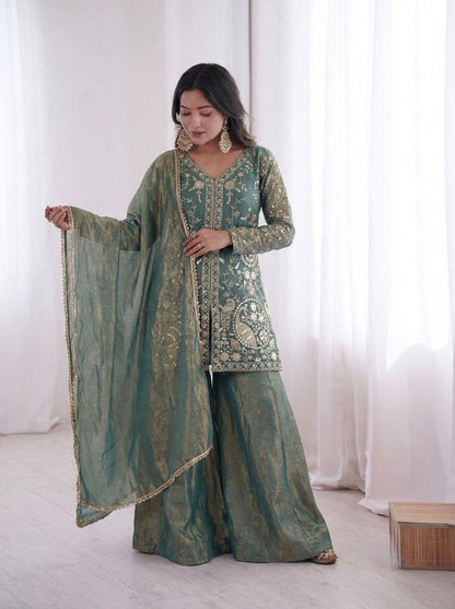 Embroidered Top Plazzo & Dupatta Set