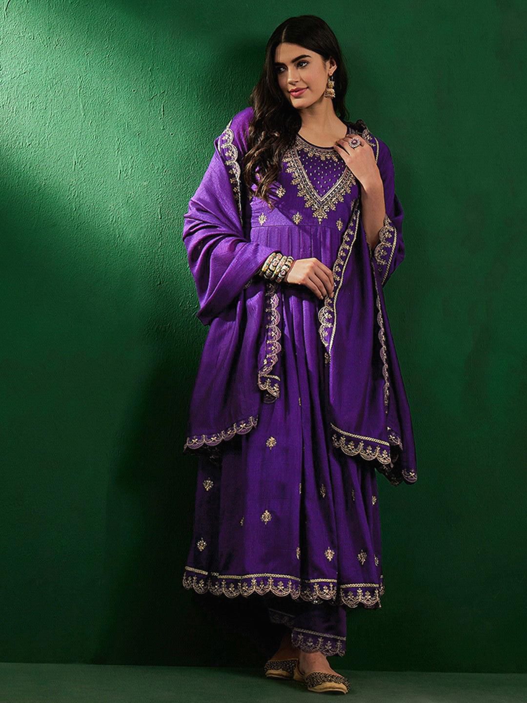 Embroidered Vichitra Silk Suit Set with Dupatta