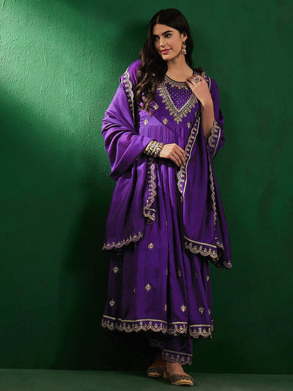 Embroidered Vichitra Silk Suit Set with Dupatta