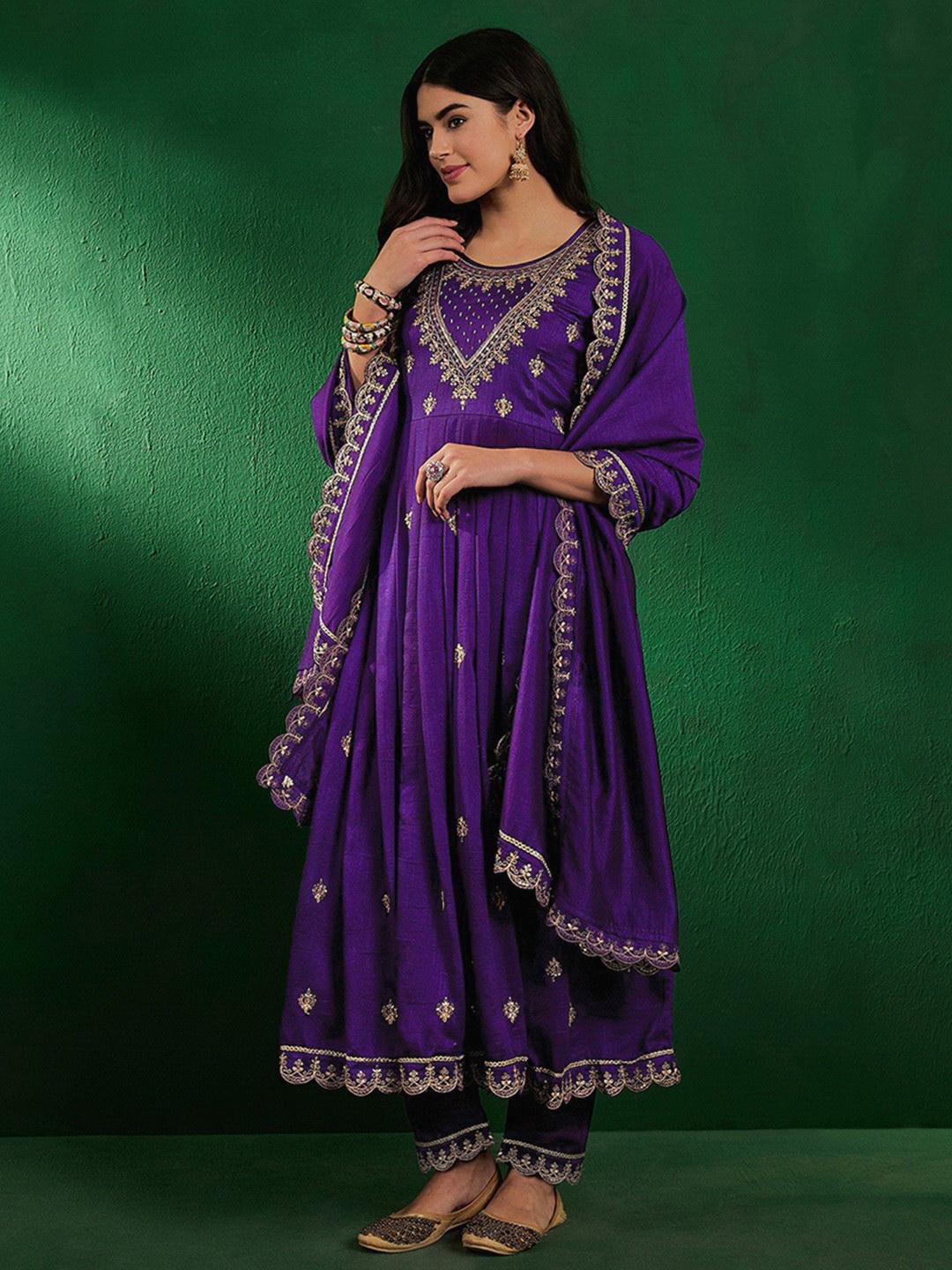 Embroidered Vichitra Silk Suit Set with Dupatta