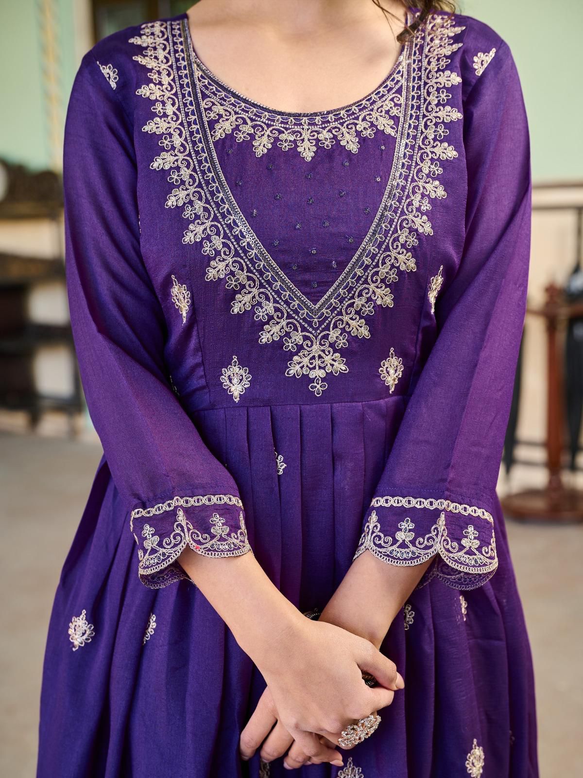 Embroidered Vichitra Silk Suit Set with Dupatta