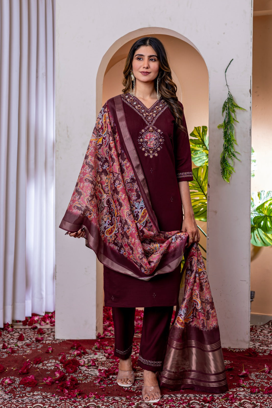 Embroidered Viscose Silk Suit Set with Chanderi Dupatta