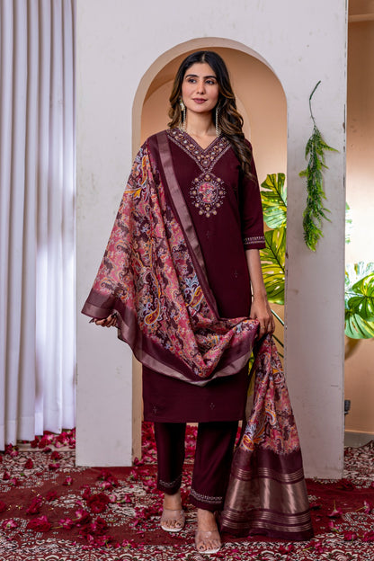 Embroidered Viscose Silk Suit Set with Chanderi Dupatta