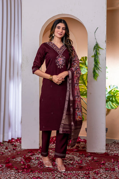 Embroidered Viscose Silk Suit Set with Chanderi Dupatta