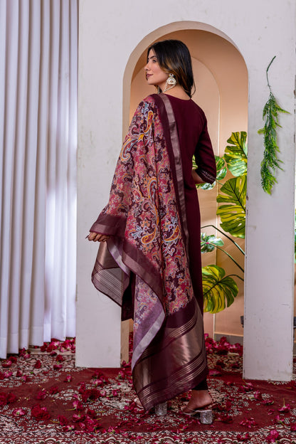Embroidered Viscose Silk Suit Set with Chanderi Dupatta