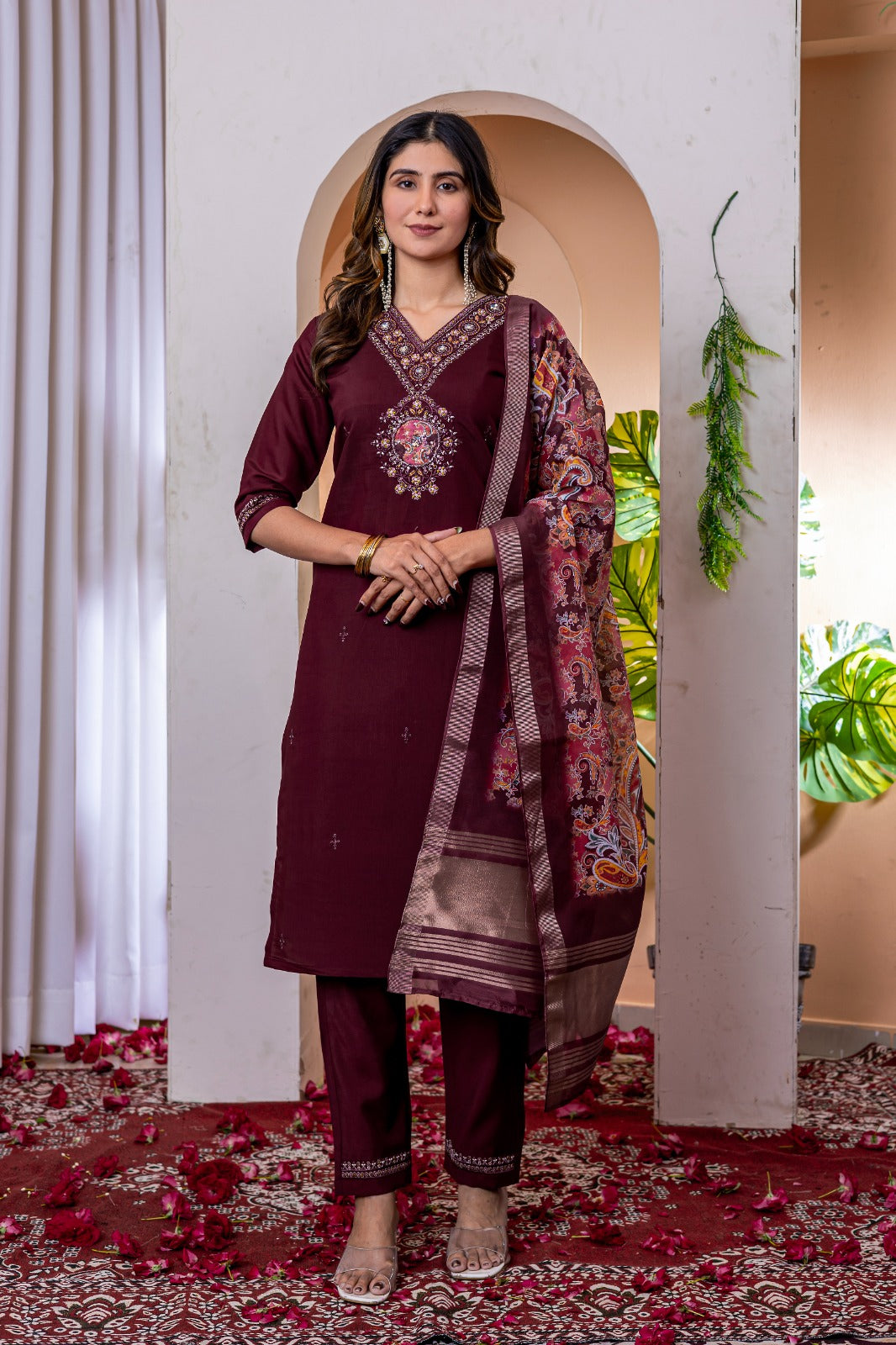 Embroidered Viscose Silk Suit Set with Chanderi Dupatta