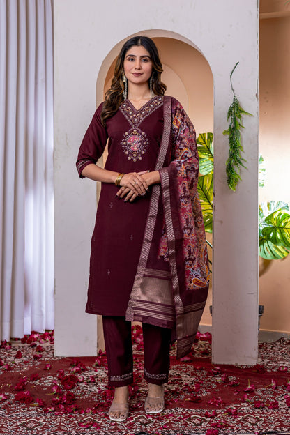 Embroidered Viscose Silk Suit Set with Chanderi Dupatta