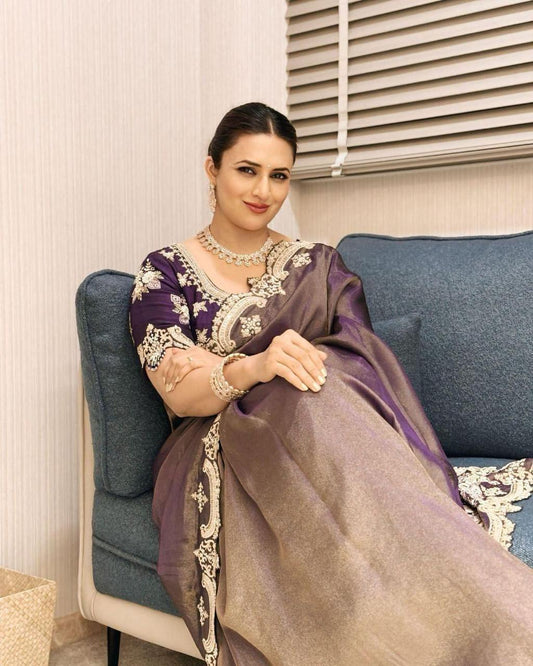 Fendy Satin Saree with Zari and Sequin Embroidery