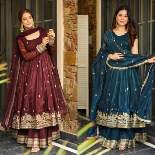 Festive Silk Anarkali Gown Set with Embroidery Work