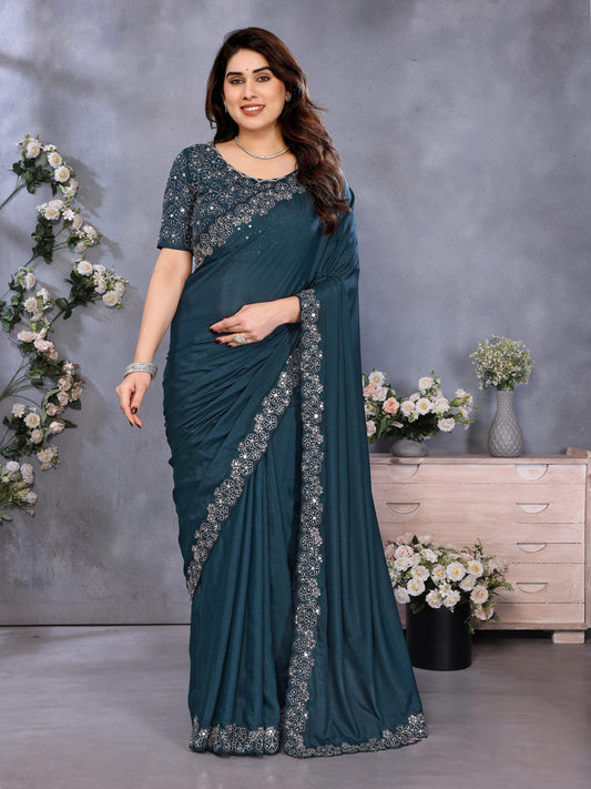 Festive Teal Blue Saree with Designer Border Work