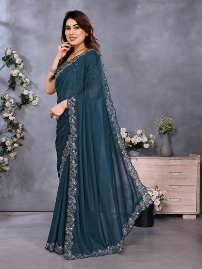 Festive Teal Blue Saree with Designer Border Work