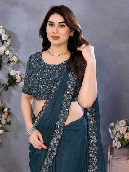 Festive Teal Blue Saree with Designer Border Work