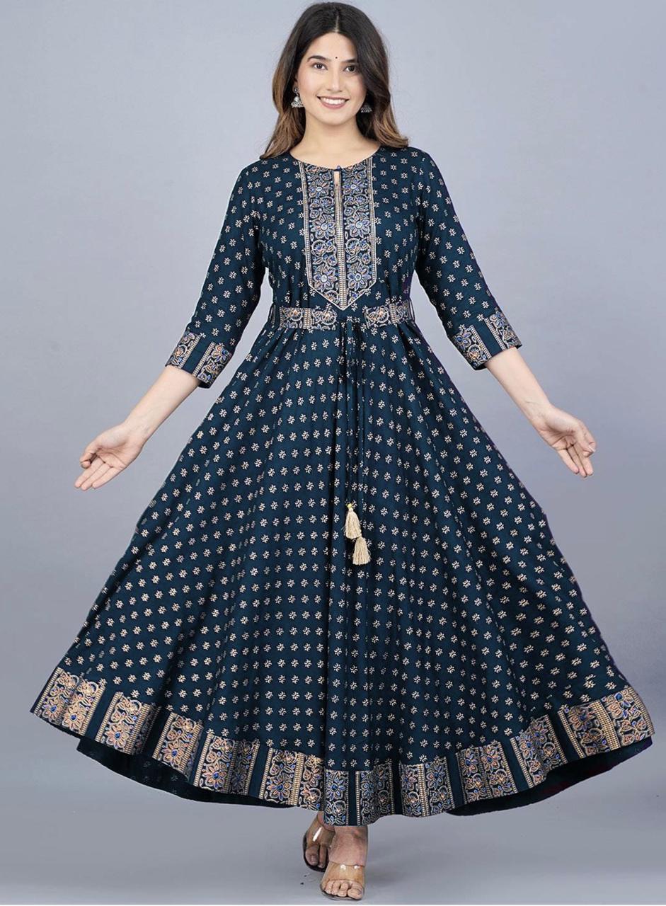 Flared Rayon Anarkali Gown with Elegant Foil Print