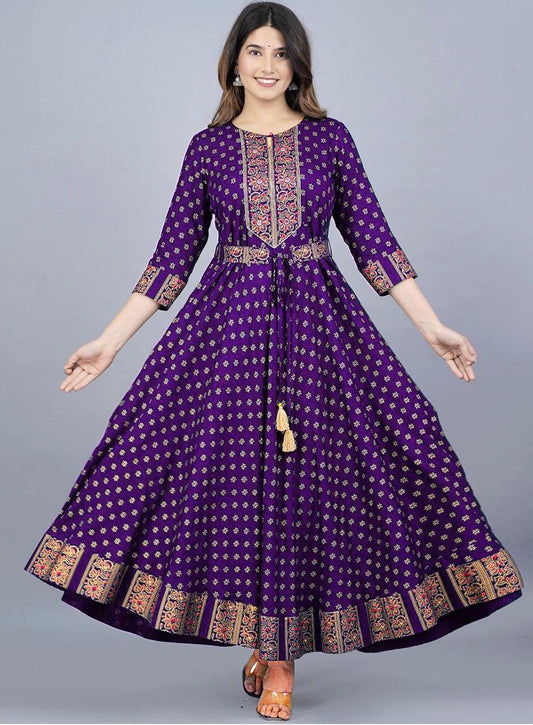 Flared Rayon Anarkali Gown with Elegant Foil Print