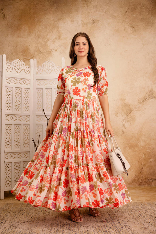 Floral Fox Georgette Maxi Dress with Digital Print Flair