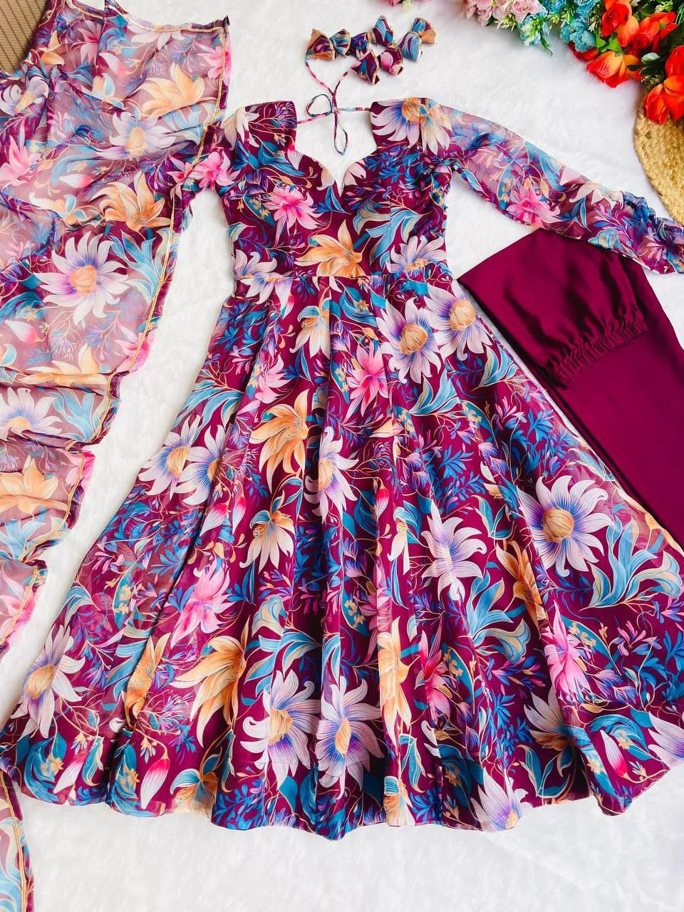 Floral Gown with Dupatta Set