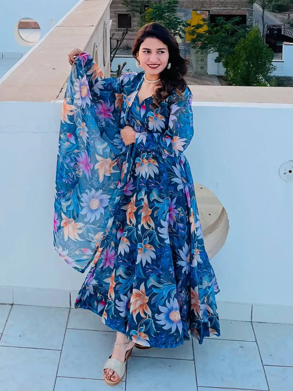 Floral Gown with Dupatta Set