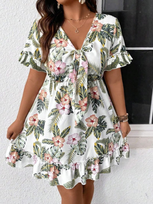Floral Print V-Neck Ruffle Dress  Summer Casual Outfit