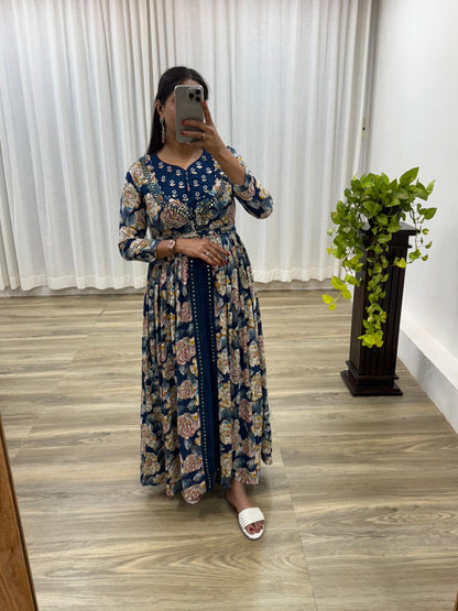 Floral Printed Anarkali Gown Dress, Maxi for Women