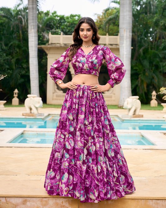 Floral Printed Lehenga with V-Neck Blouse and Puff Sleeves