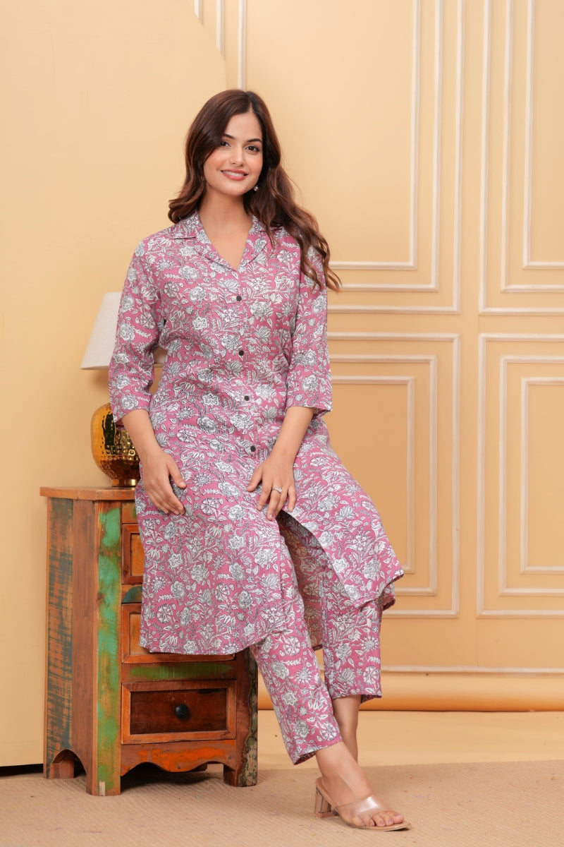 Flower Texture Printed Long Co-Ord Set for Women