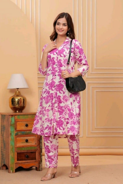 Flower Texture Printed Long Co-Ord Set for Women