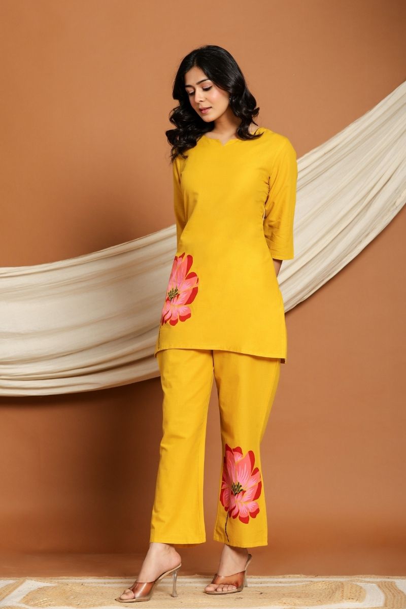 Flower printed designer yellow Co-Ord set For Women