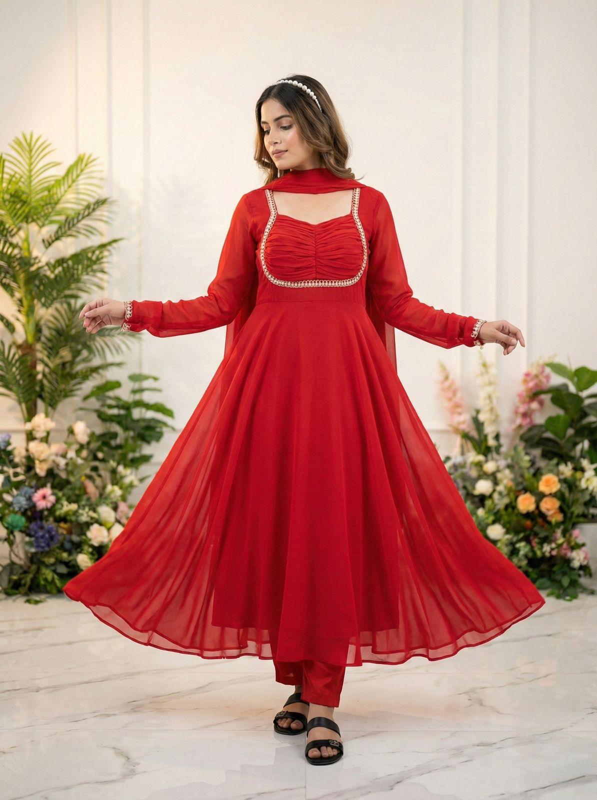 Full Sleeve Designer Red Gown