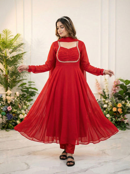 Full Sleeve Designer Red Gown