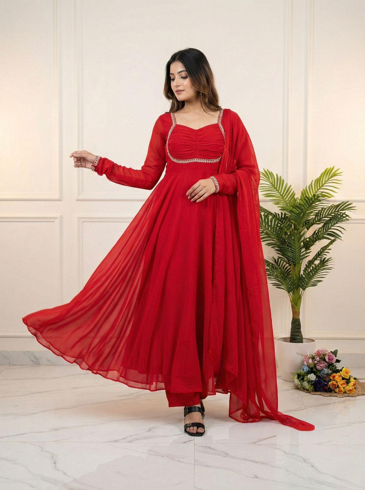 Full Sleeve Designer Red Gown
