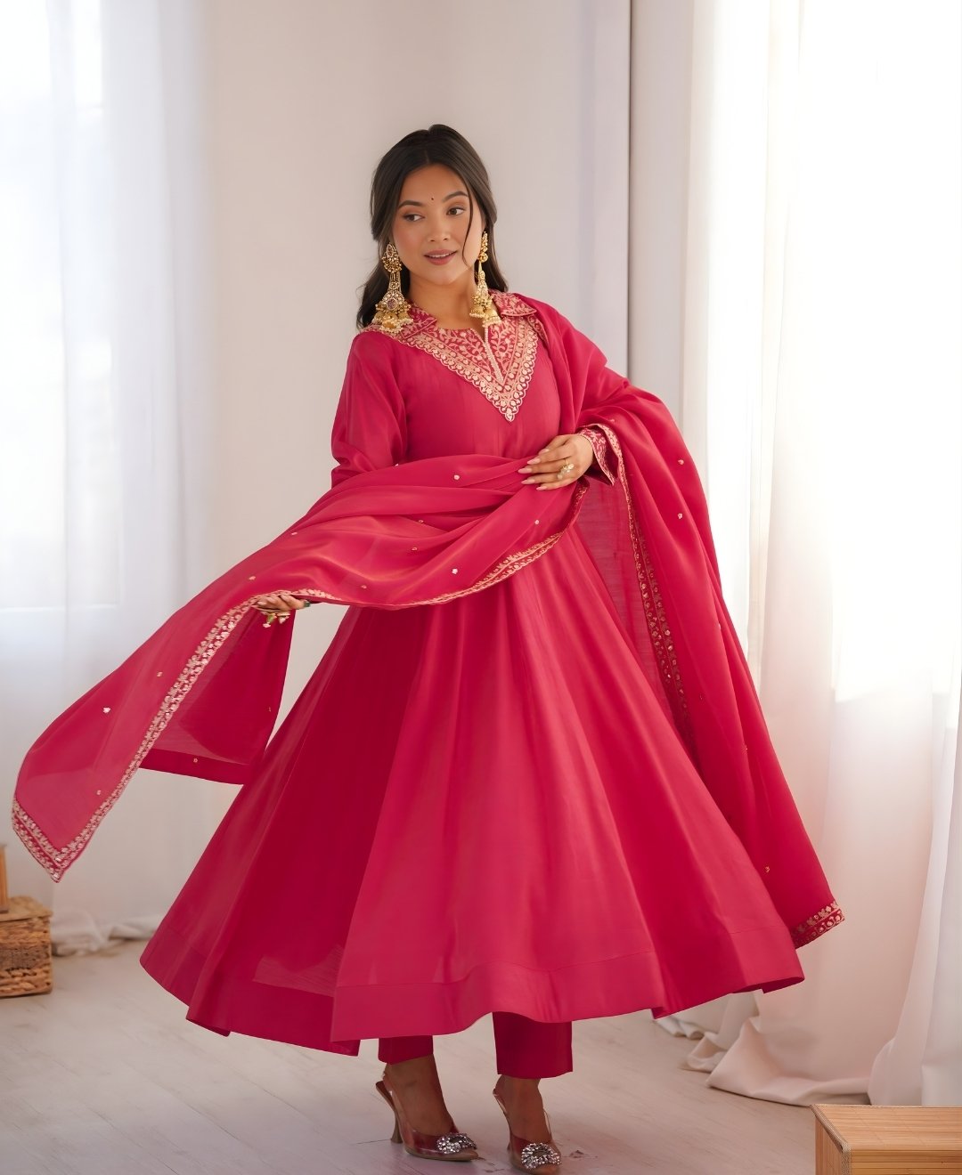 Full Sleeve Pink Anarkali Set