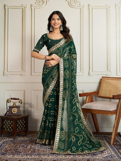 Georgette Bandhej Saree with Embroidery Lace Border