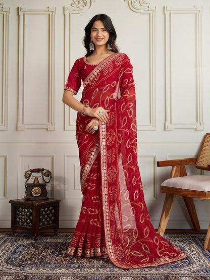 Georgette Bandhej Saree with Embroidery Lace Border