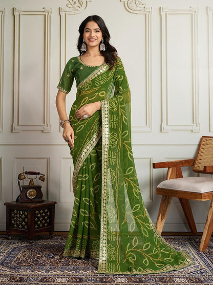 Georgette Bandhej Saree with Embroidery Lace Border