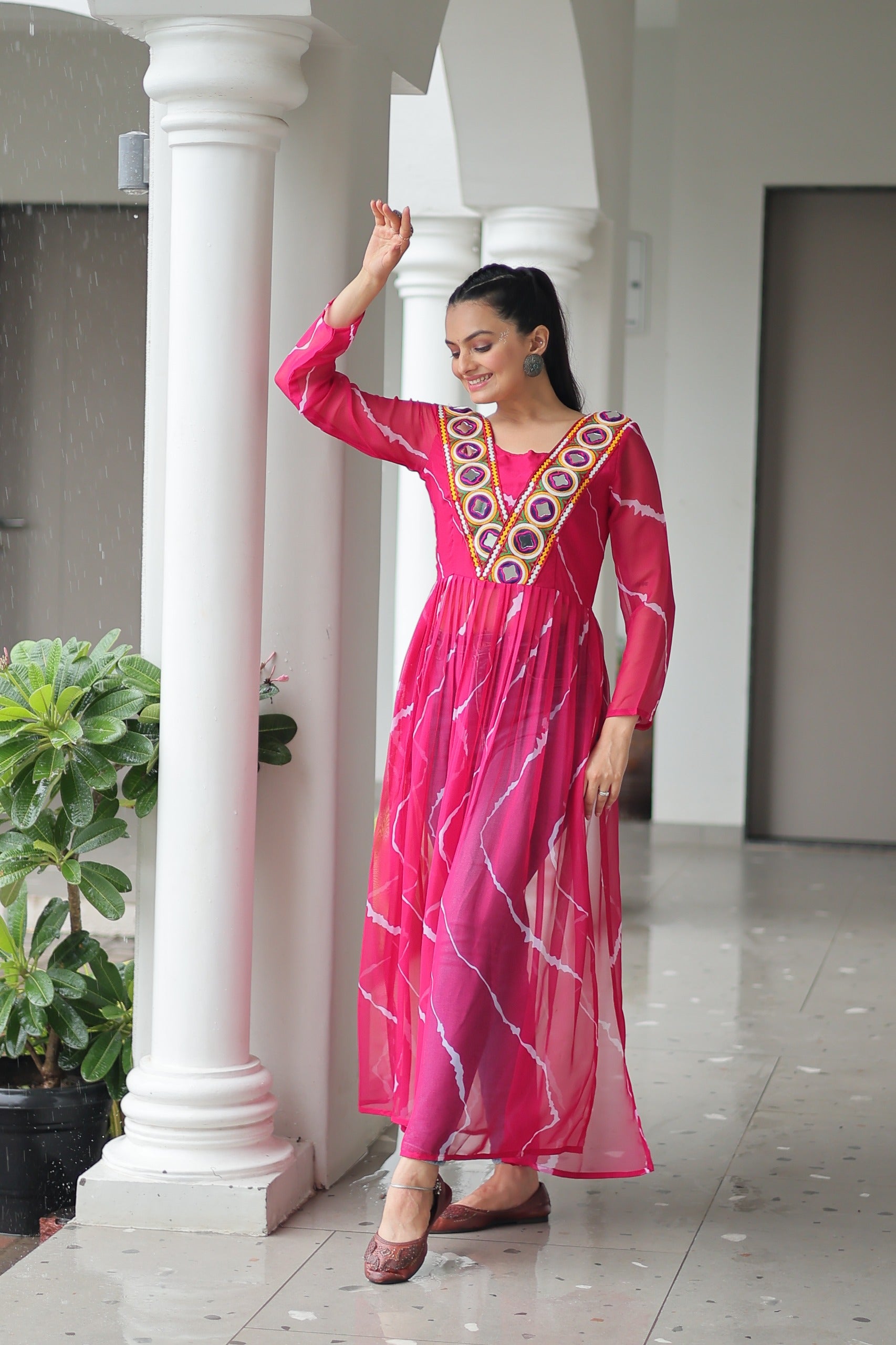 Georgette Leheriya Kurti with Kutchi Patchwork Neck