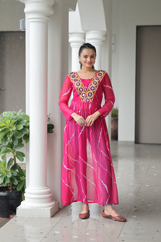 Georgette Leheriya Kurti with Kutchi Patchwork Neck