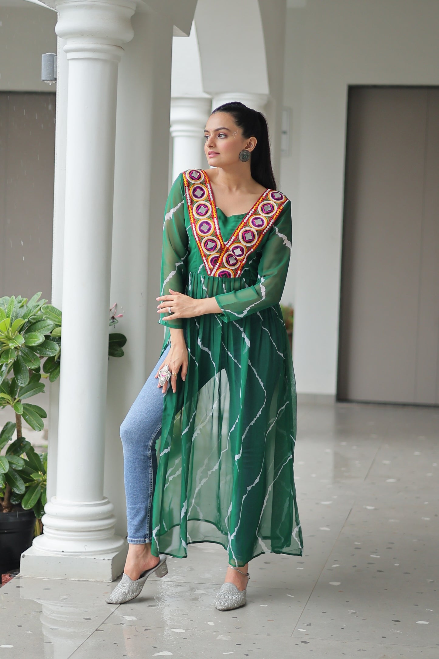Georgette Leheriya Kurti with Kutchi Patchwork Neck